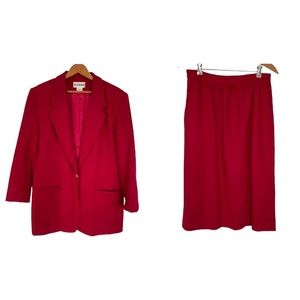 Vintage Joan Leslie Red Wool Blazer & Skirt Set Outfit Winter Warm 12 Old Money